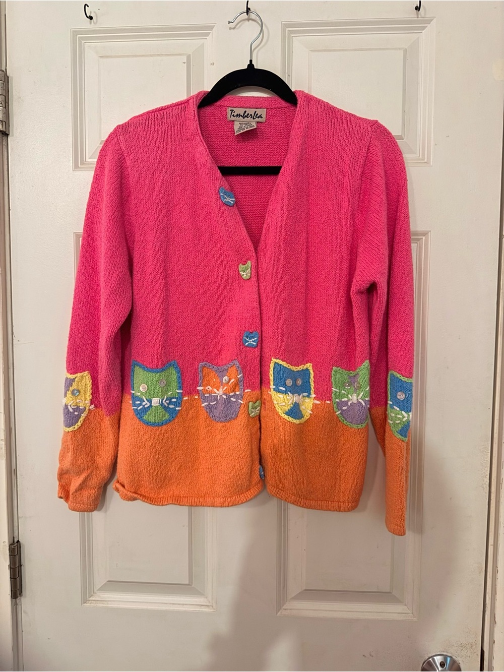 Vintage Timberlea Pink & Orange Cat-Accent Cardigan Sweater